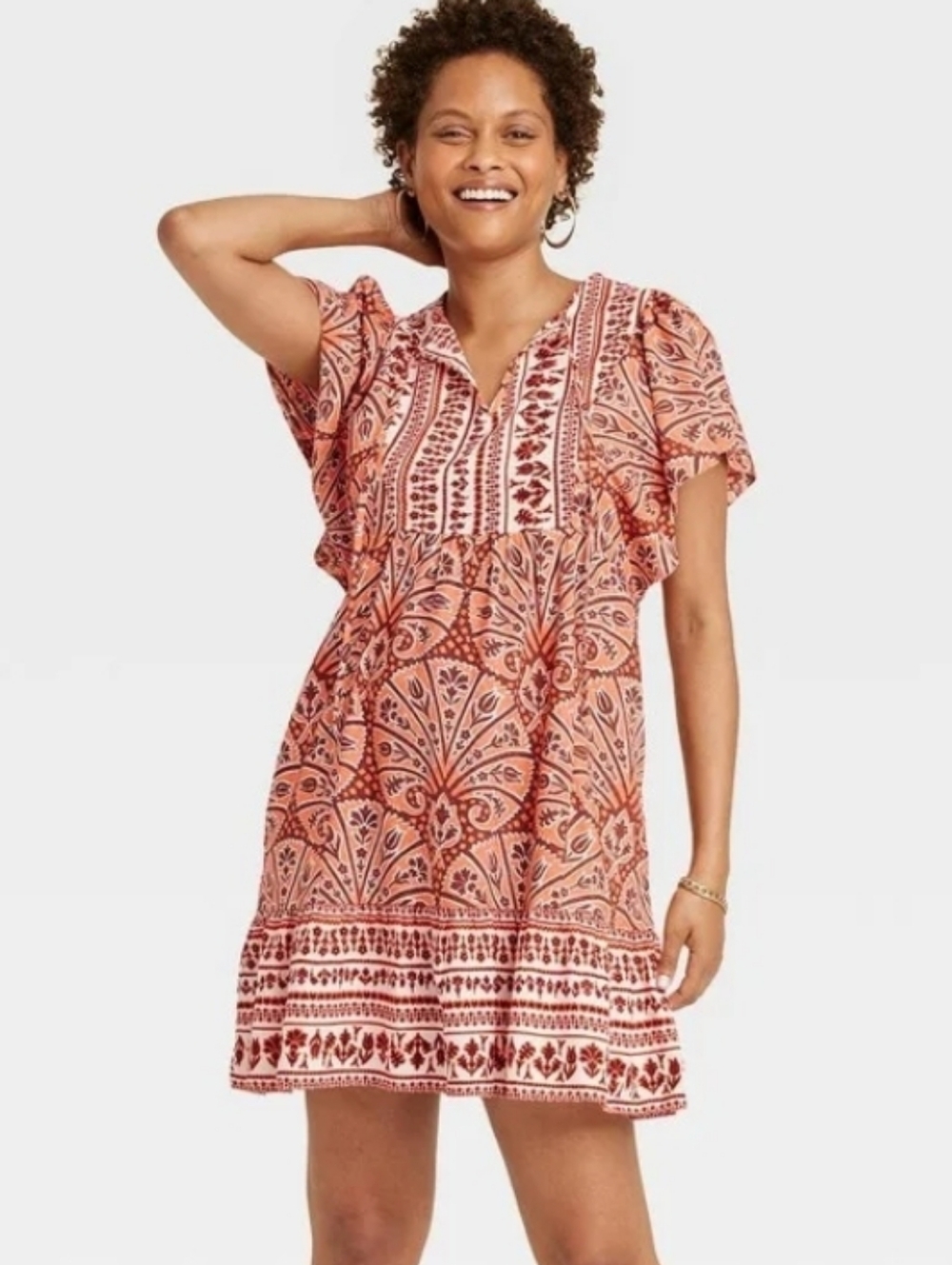 Knox Rose Dress Flutter Sleeve Boho Coral Paisley Cottage Core Pockets Size 2X